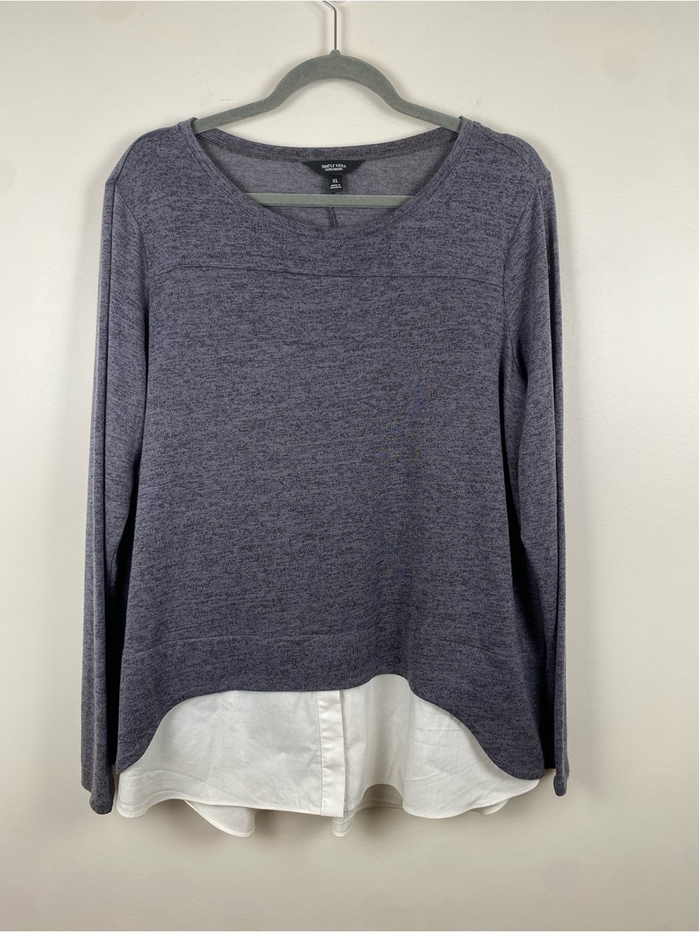 Simply Vera Vera Wang Heather Gray Layered Long-Sleeve Top with White Shirt Hem